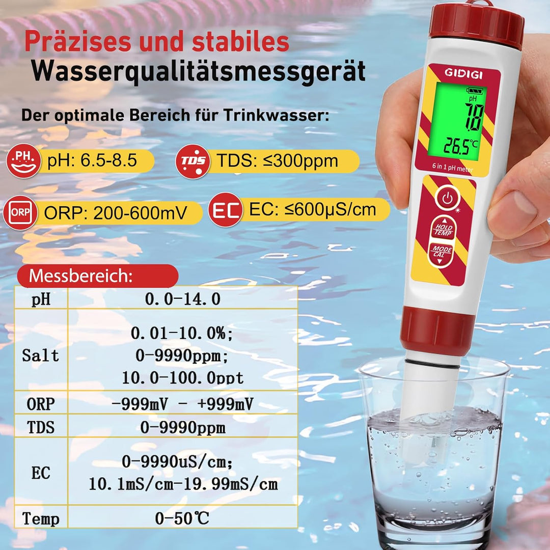 6-in-1 Digitaler Wasserqualitätstester für Pools und Hydrokulturen, pH/ORP/TDS/EC/Salzgehalt/Tempera