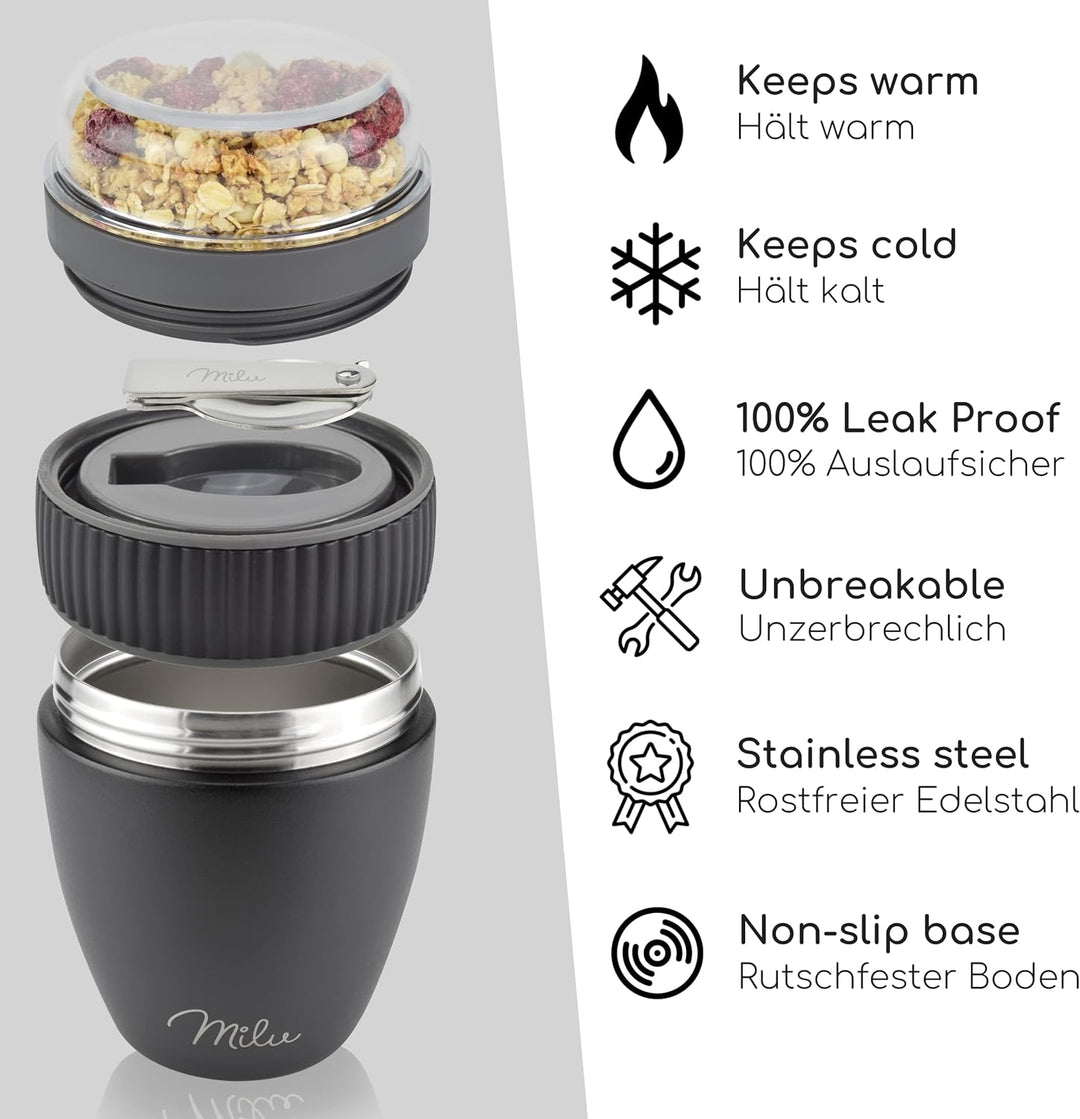 Milu Müslibecher to go 400ml I isolierter Edelstahl Joghurtbecher für Müsli I auslaufsicherer Becher