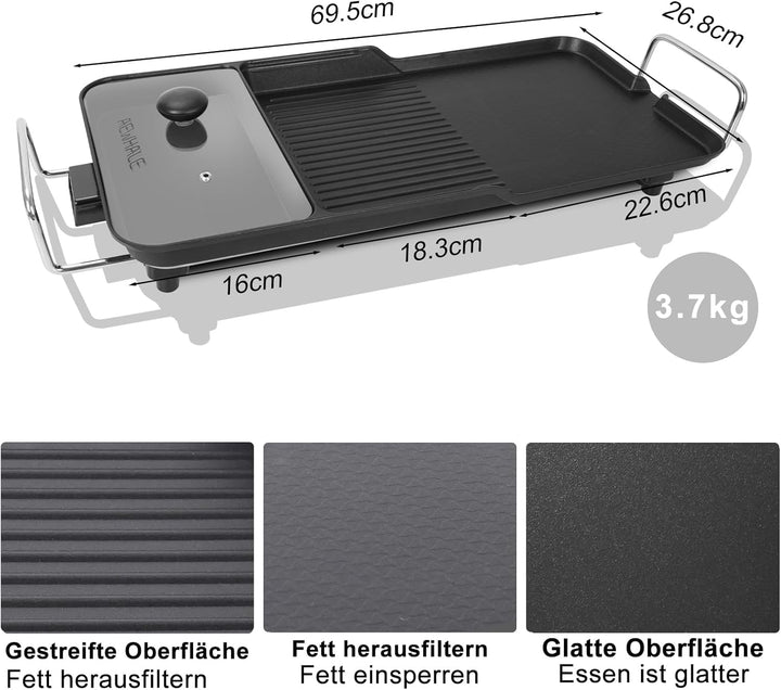AEWHALE 3-in-1 Grillplatte Elektrisch, 2000 W, Tischgrill Elektrisch für Drinnen und Draussen mit An