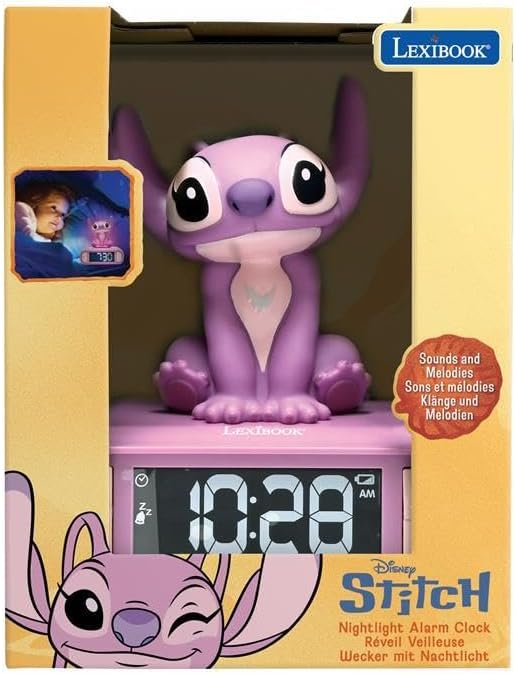 Lexibook, Disney Stitch, Angel Nachtlicht-Wecker, Töne und Melodien, hintergrundbeleuchteter LCD-Bil