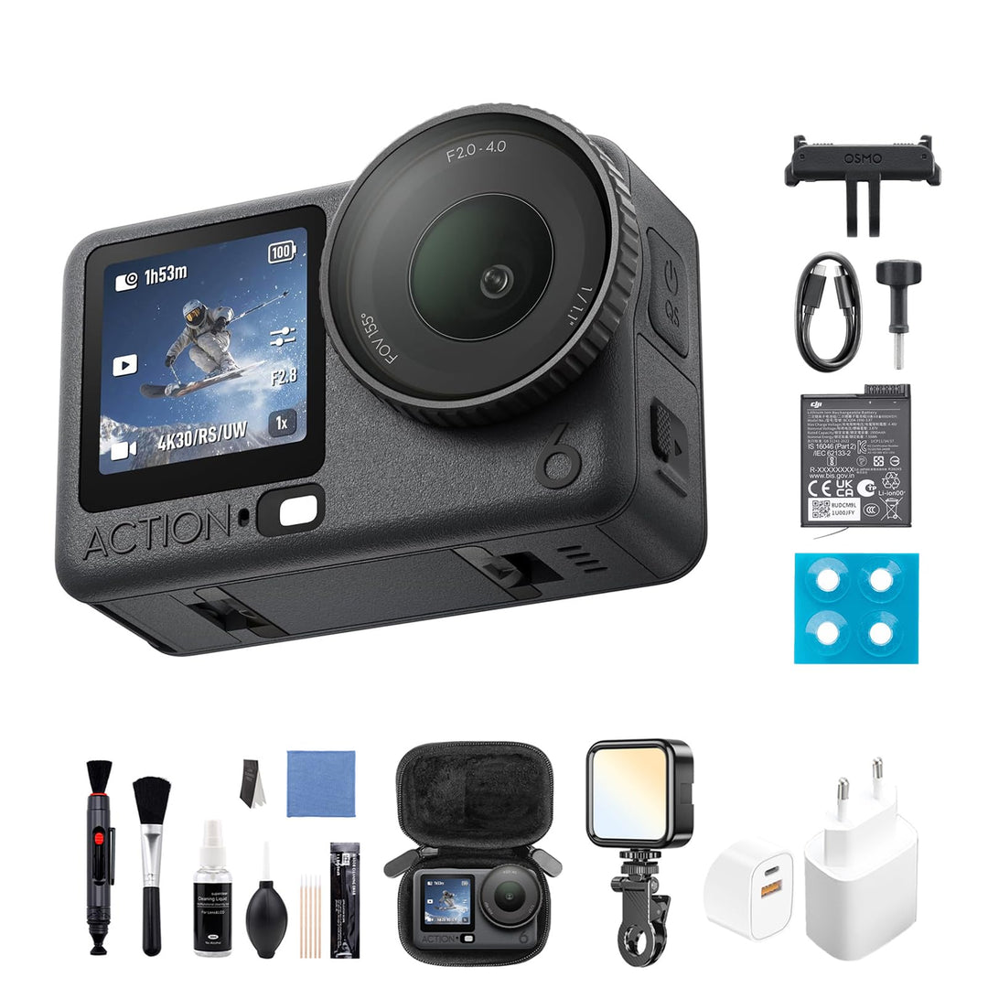 DJI Osmo Action 6 Essential Combo mit Mehrere Zubehörteile, Action-Cam 4K mit 1/1,1″-Quadratsensor,
