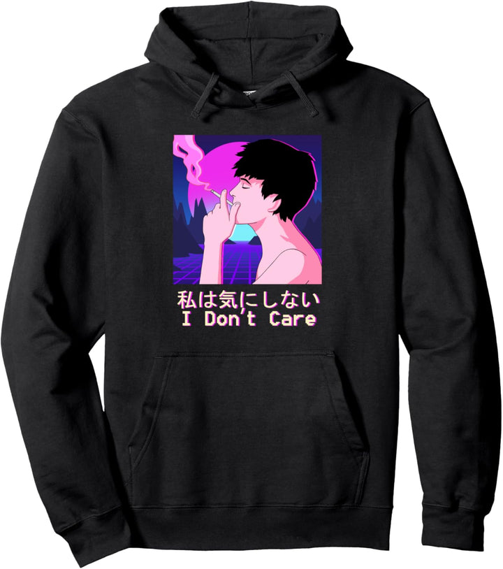 Japanese Vaporwave Aesthetic I Don't Care Smoking Sad Boy Pullover Hoodie