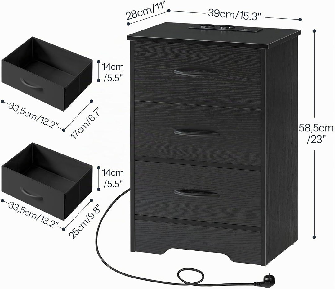 HOOBRO Nachttisch mit Ladestation, schmaler Beistelltisch mit 3 Schubladen, Sofatisch, mit 2 Steckdo