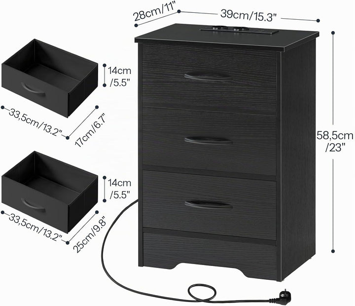 HOOBRO Nachttisch mit Ladestation, schmaler Beistelltisch mit 3 Schubladen, Sofatisch, mit 2 Steckdo