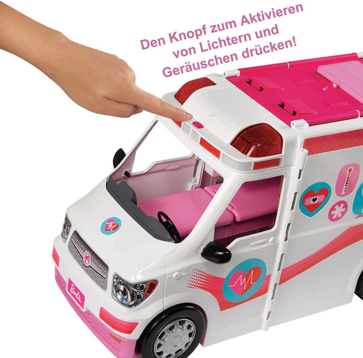 Barbie FRM19 - 2-in-1 Krankenwagen, aufklappbares Fahrzeug mit Licht und Geräuschen, Puppen Spielset