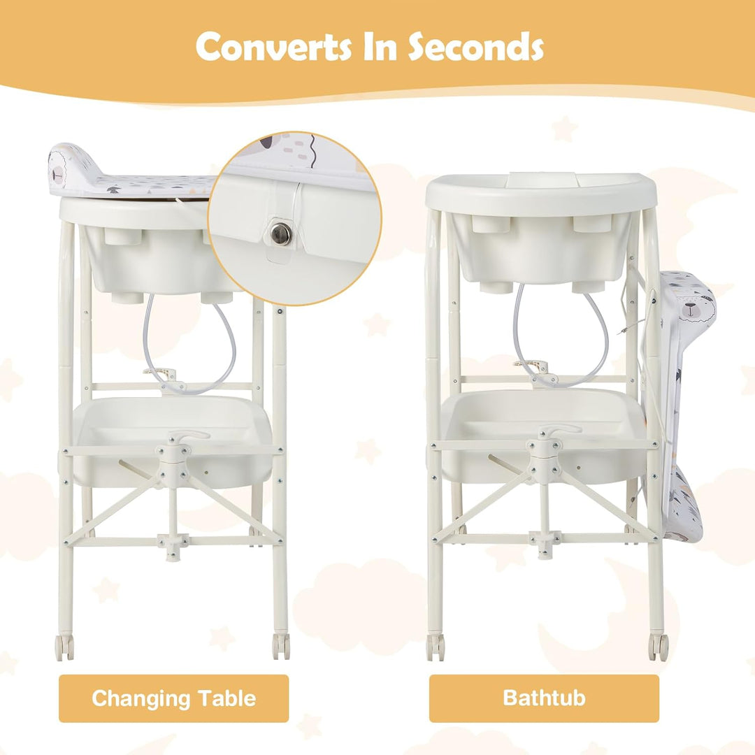 FANTASK 4 in 1 Wickeltisch mit Badewanne, mobile Babybadewanne mit Universalrädern, tragbare Wickelk