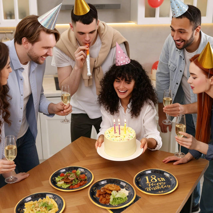 96 Stück Schwarz und Gold Geburtstag Party Geschirr Set, 18th Schwarz und Gold Geburtstag Party Gesc