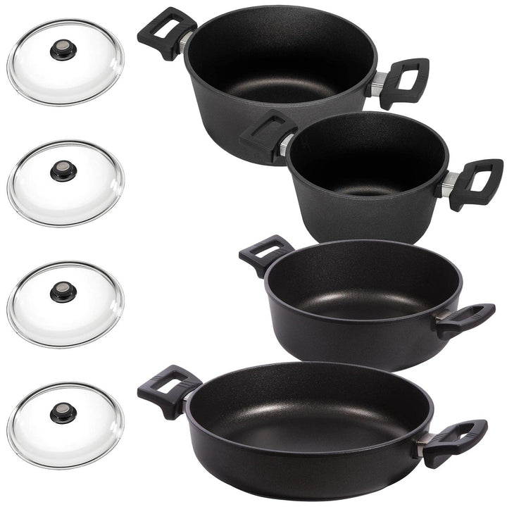 Eurolux Universal-Topfset Induktion Aluguss beschichtet 8-teilig - schwarze Koch-Töpfe Set & Deckel
