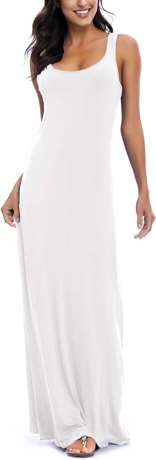 EXCHIC Damen Sommer Leichte Ärmellos Strand Maxi Kleid Elegant Elastisch Tunika Lang Kleider M Weiss