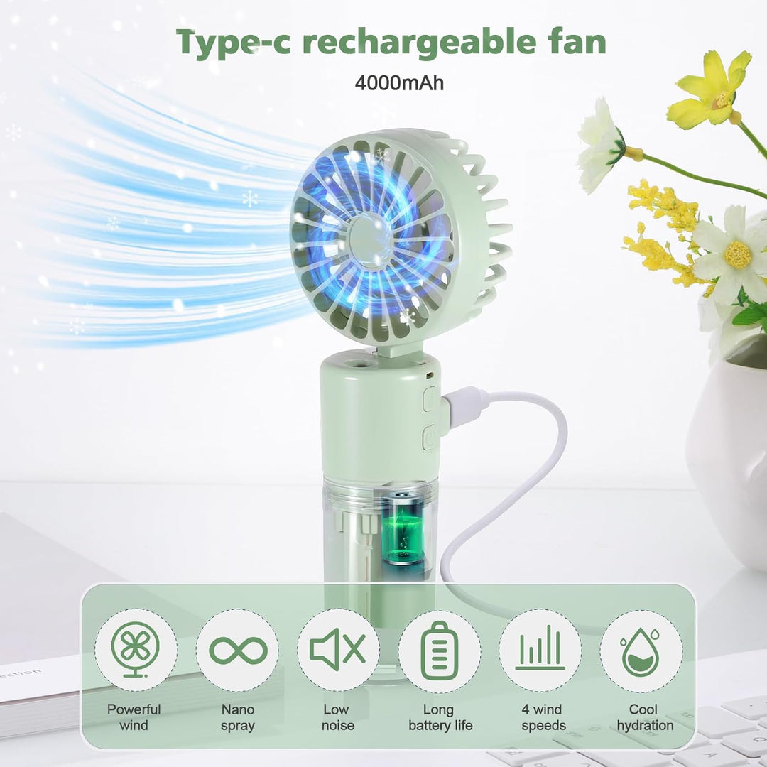 JIZZU Tragbarer Handventilator mit Wassernebel, 4000mAh Mini Ventilator USB, Wasserventilator mit 4