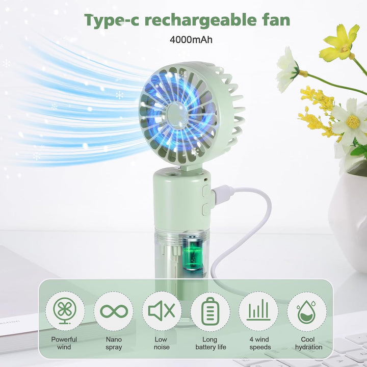 JIZZU Tragbarer Handventilator mit Wassernebel, 4000mAh Mini Ventilator USB, Wasserventilator mit 4