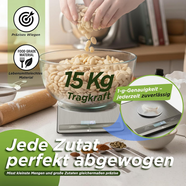 LUNARIA Digitale Küchenwaage 15 kg [PREMIUM] – hochpräzise Lebensmittelwaage aus Edelstahl/Kunststof