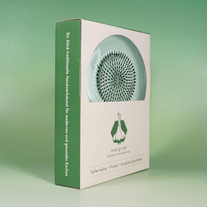 Evergrate® Keramikreibe Mint mit Geschenkbox – mit Reibe, Knoblauchschäler, Rezeptheft & Pinsel – Ha