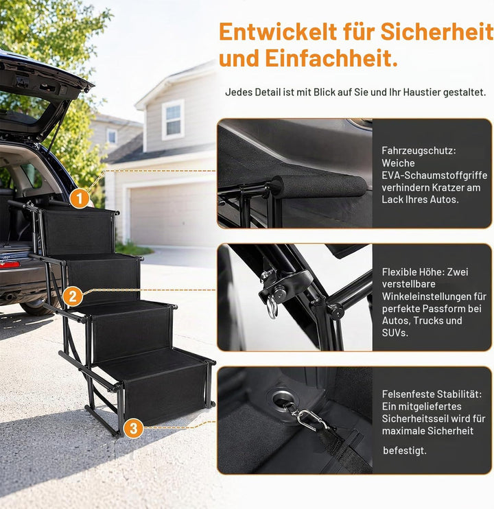 Hundetreppe Auto Klappbar, Hunderampe 4 Stufen für Auto, SUV &amp; Hohe Betten | Leichte Design bis 80 k
