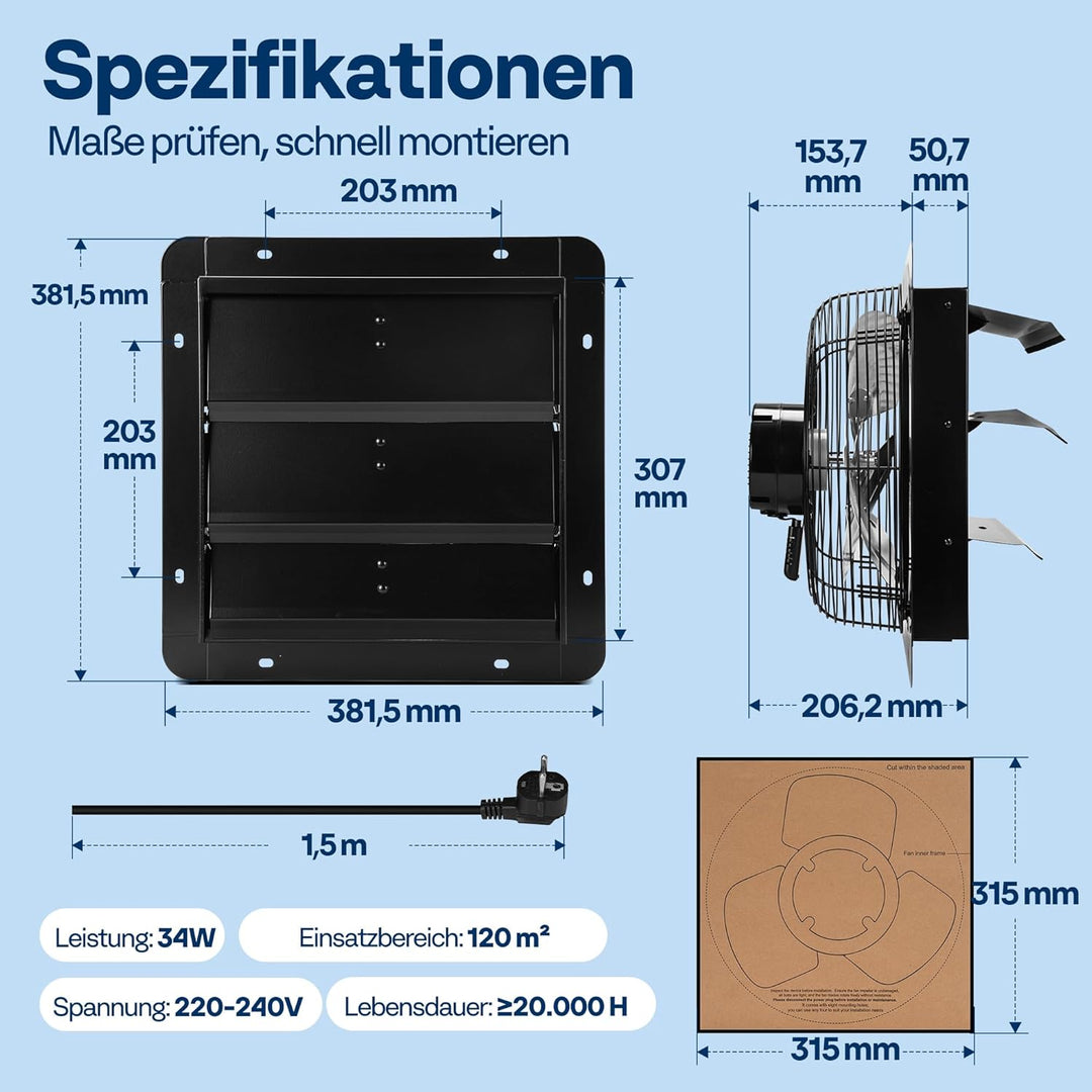 VIVOHOME 300mm Abluftventilator Industrie Wandventilator mit EC Motor 1305m³/h Wandlüfter mit Timer