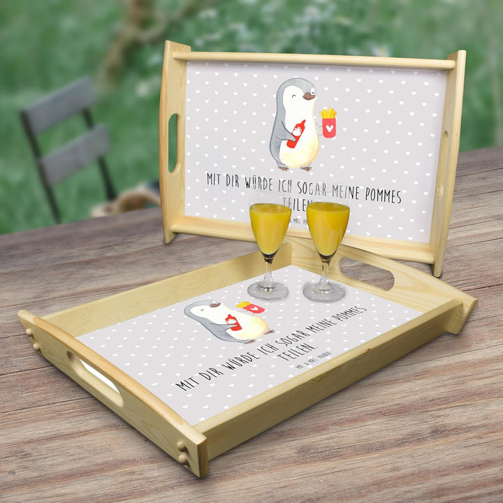 Mr. & Mrs. Panda tablett für Bett Pinguin Pommes - Geschenk, Freund, Servier, Hochzeitstag, Holz, Ja