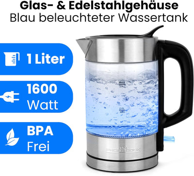 ProfiCook Wasserkocher Glas Edelstahl mit LED Beleuchtung 1 Liter, hitzebeständiger Glaswasserkocher