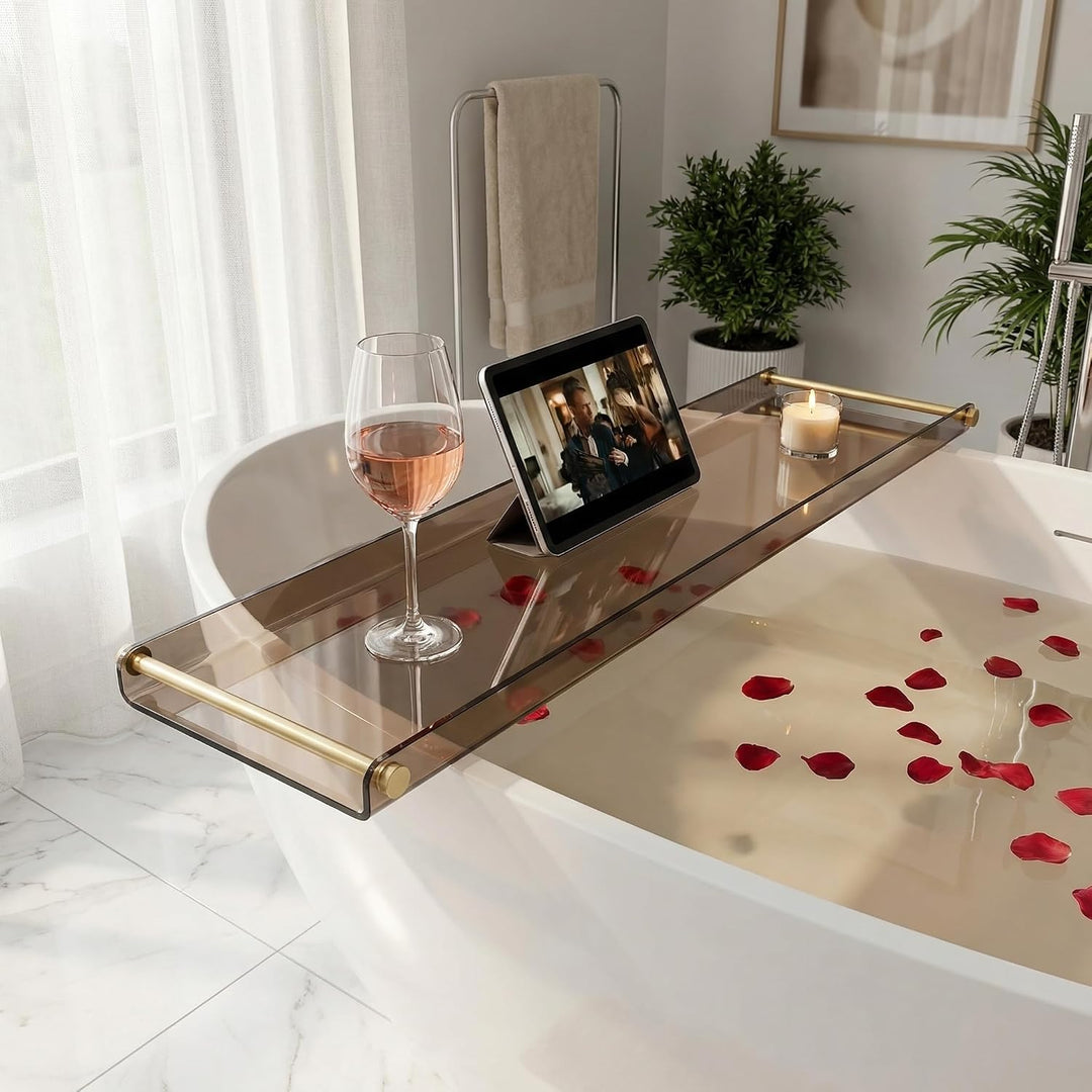 Luxus-Badewannen-Tisch Caddy mit goldenen Griffen - Tablett für Dusche und Badewanne Schwarz - mit G