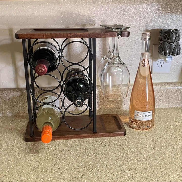 Weinregal mit Glashalter, Tisch-Weinhalter mit Tablett, Freistehendes Weinregal aus Holz, perfekt fü