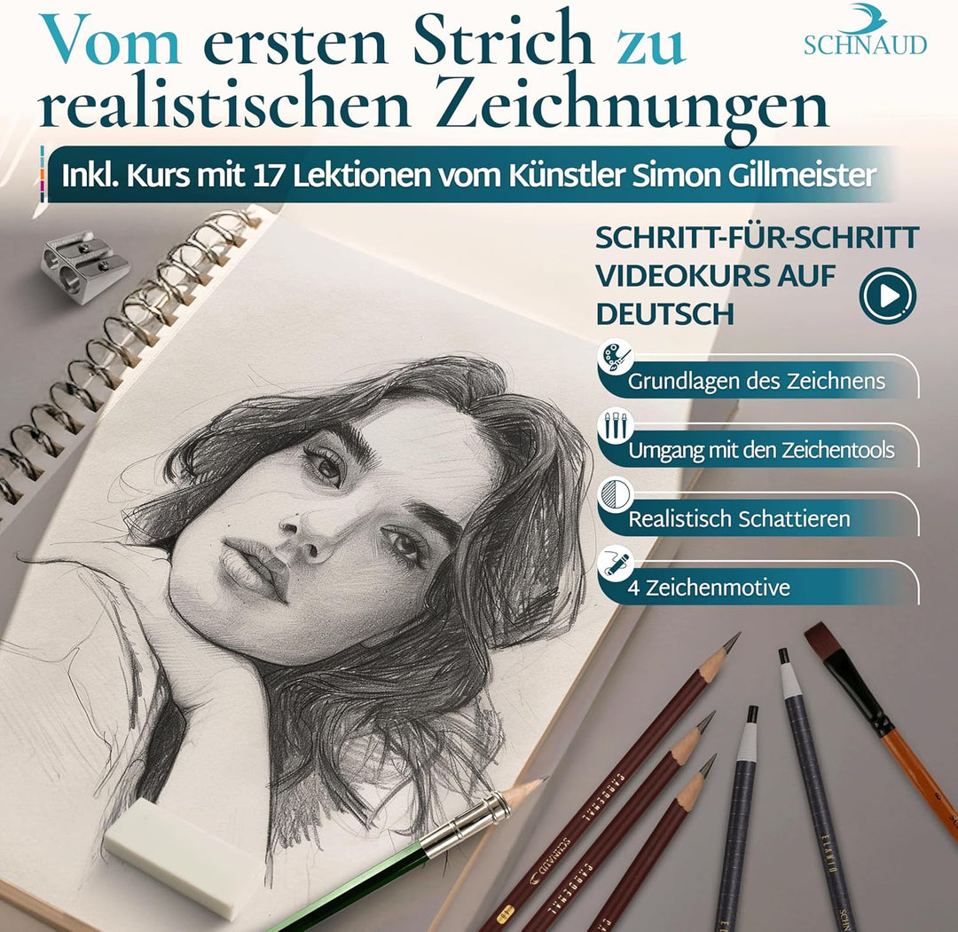 SCHNAUD Zeichenset für Anfänger mit Online-Kurs – 7 Bleistifte, 2 Kohlestifte und Zeichnen Zubehör,