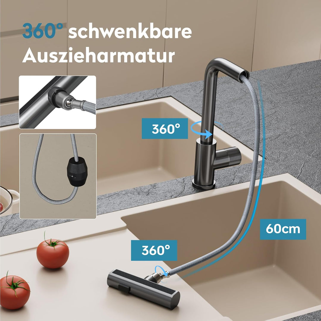 doporro Wasserhahn Küche ausziehbar, Hochdruck Küchenarmatur mit Wasserfall, 3 Strahlarten und Braus