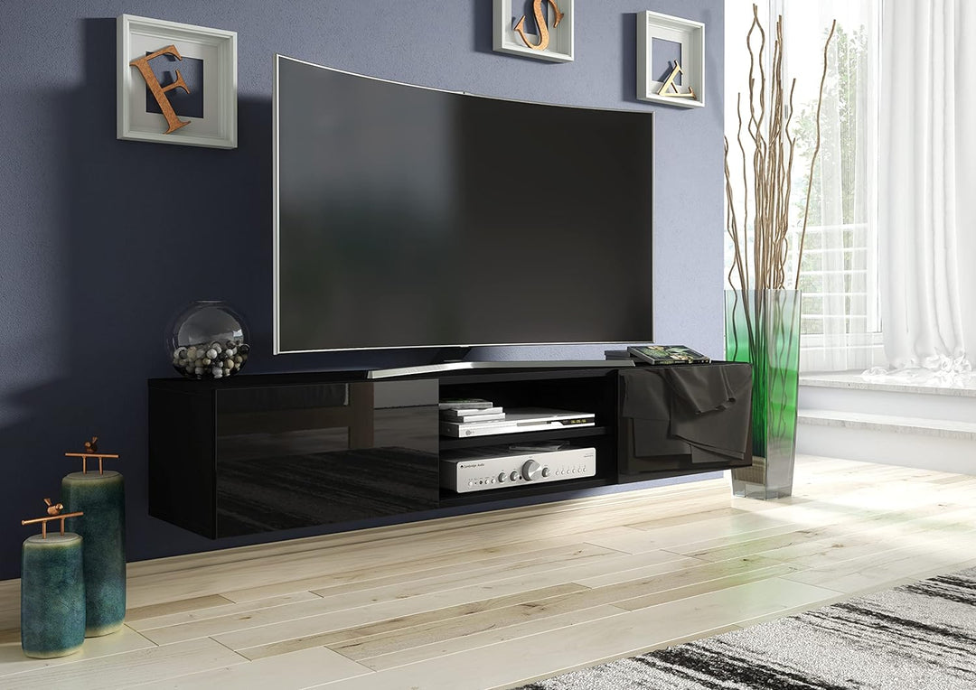meble masztalerz TV Hängeschrank Schwarz Hochglanz mit 2 Ablagen und 2 Türen, 120 cm, Lowboard, TV S