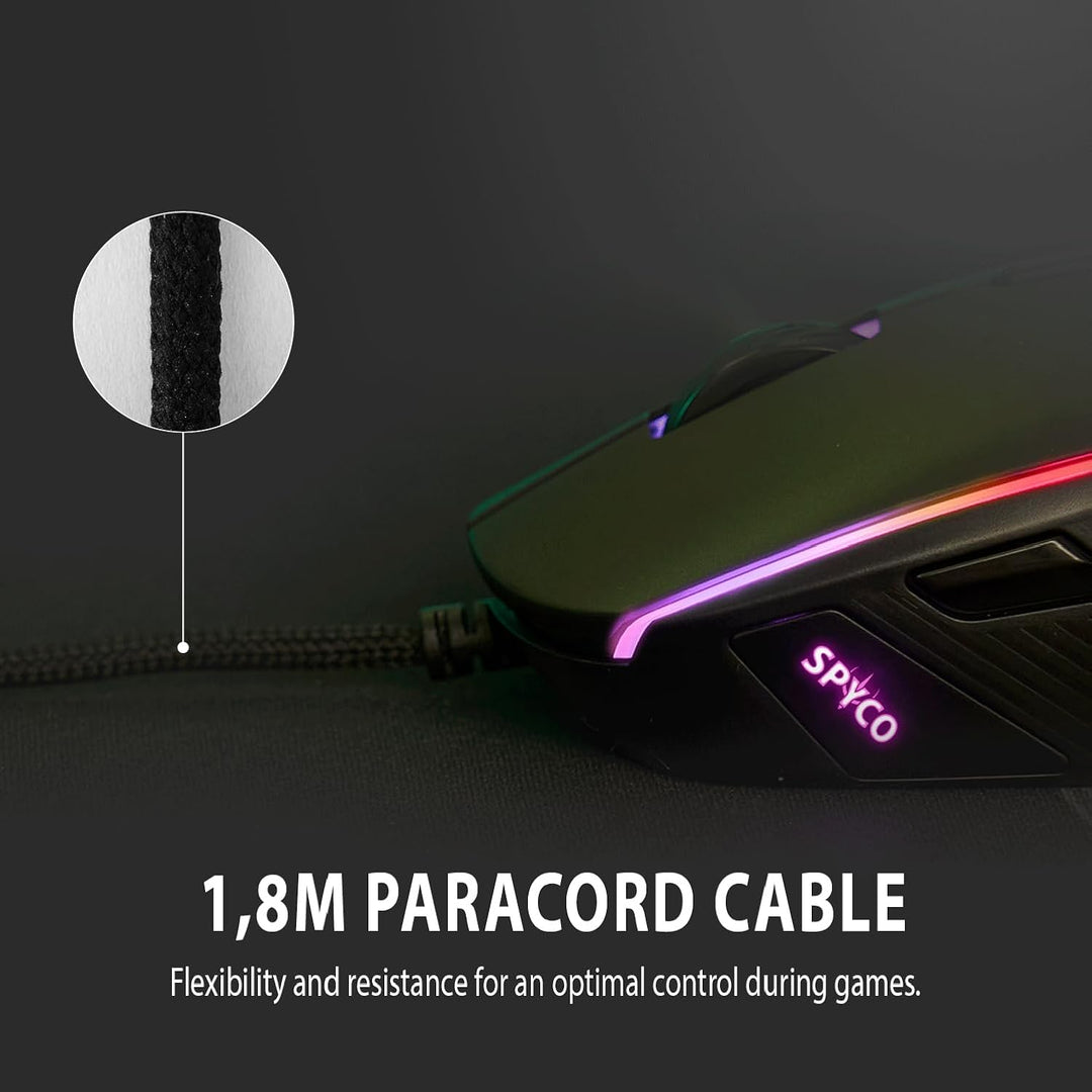 SPYCO - Gaming-Maus | PMW 3360 Chipsatz | 12.000 DPI | 1000 Hz Polling Rate | RGB-Licht | 96 g | 6 p