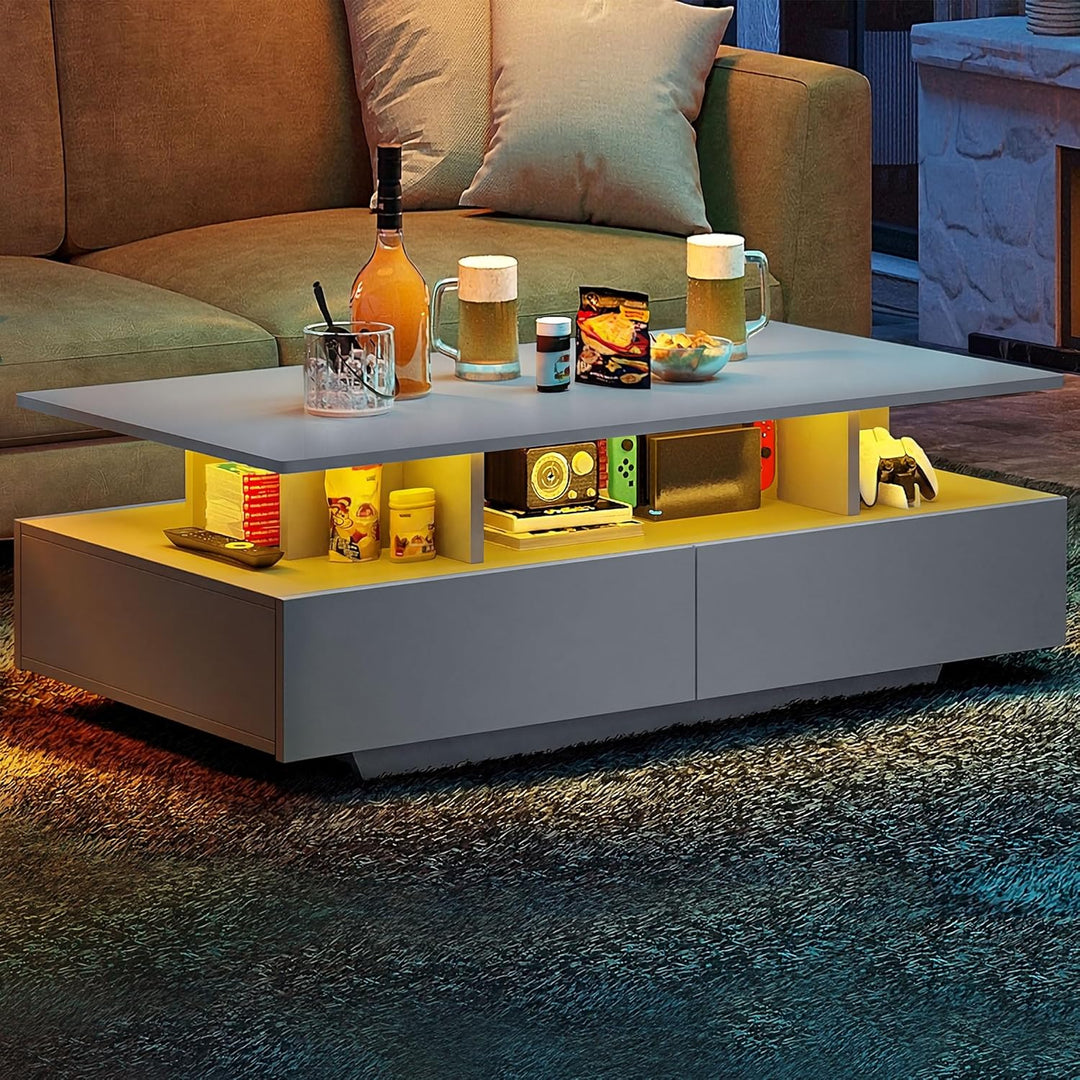 YITAHOME Couchtisch Grau, Wohnzimmertisch Hochglanz mit 16-Farbiger LED Beleuchtung Modern, Beistell