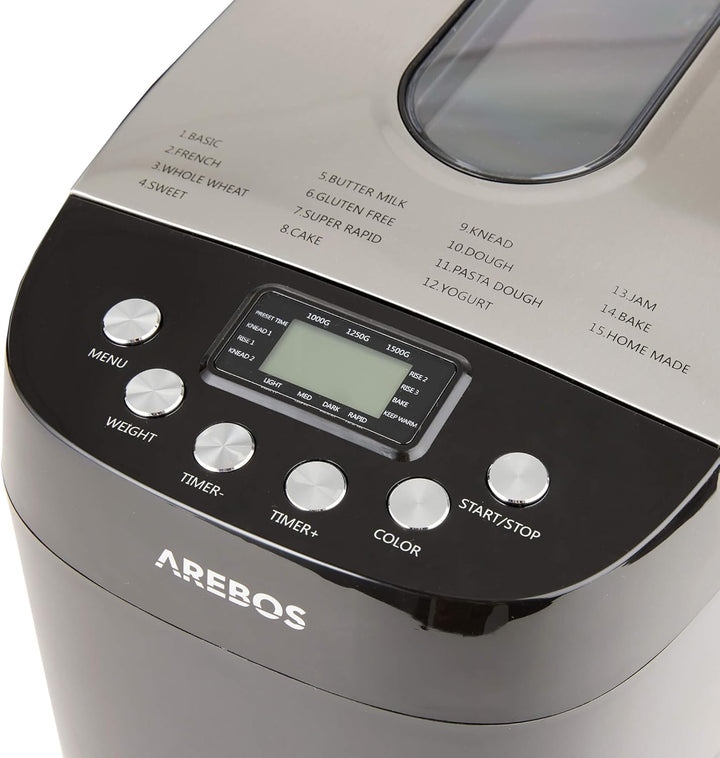 Arebos Brotbackautomat 1500g | mit 15 Programmen | 2 Knethaken | Timer | LCD Display | 3 Bräunungsgr