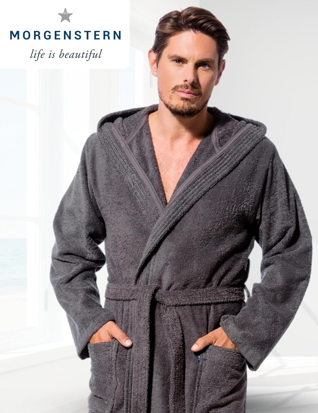 Morgenstern Bademantel Herren Kapuze Frottee 100% Baumwolle Lang Cadiz Salamanca L Grau, L Grau