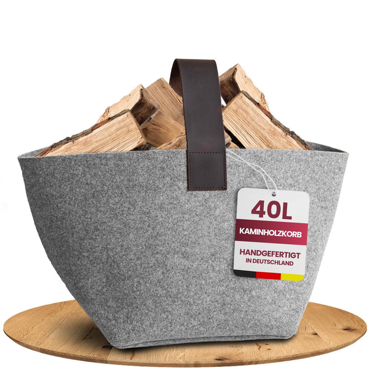 Designer Kaminholzkorb Filz [40L] - Made in Germany Holzkorb für Kaminholz aus Wollfilz mit Echtlede