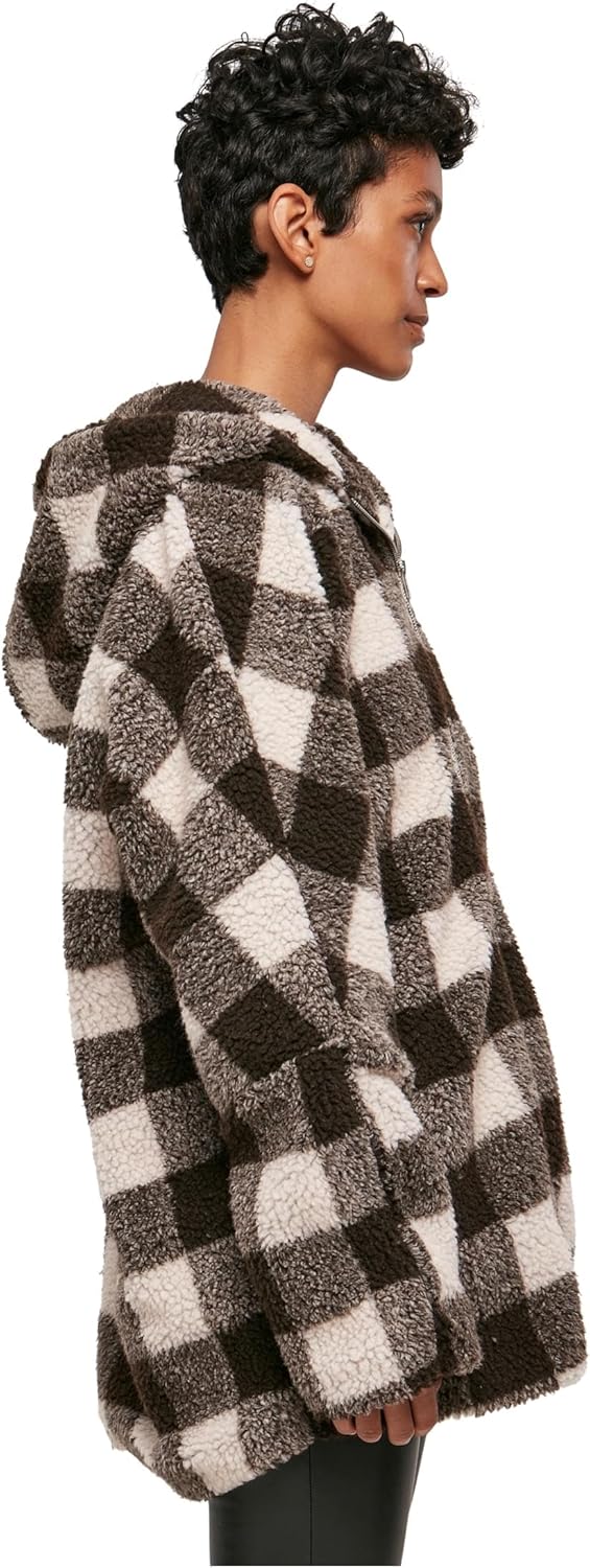 Urban Classics Ladies Hooded Oversized Check Sherpa Jacket Frauen Übergangsjacke braun S pink/brown,