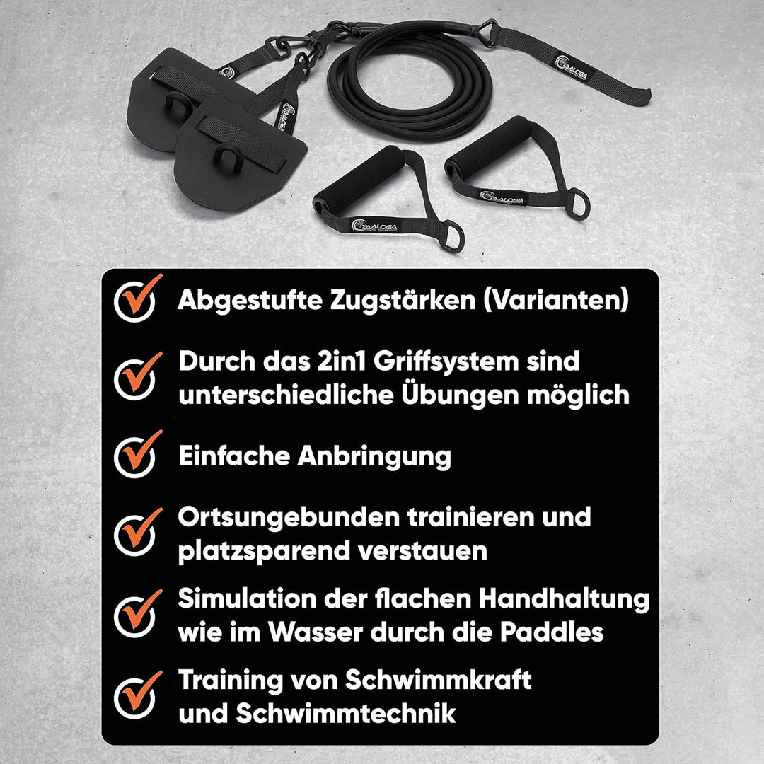 TAALOGA® 2in1 Zugseil Schwimmtraining Zugseiltraining mit Handpaddles und Griffen Schwarz, Schwarz