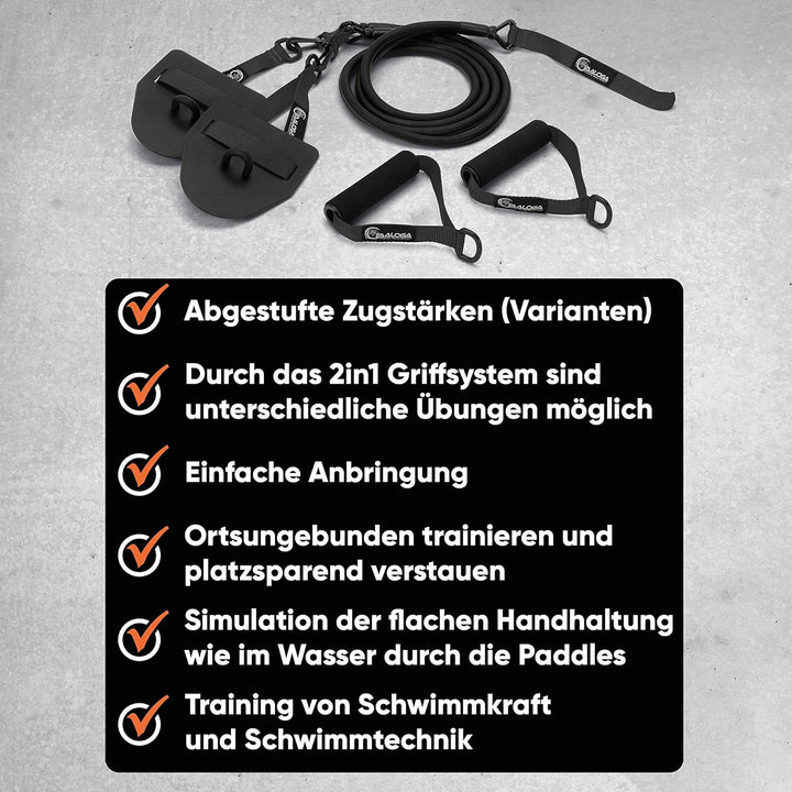 TAALOGA® 2in1 Zugseil Schwimmtraining Zugseiltraining mit Handpaddles und Griffen Schwarz, Schwarz