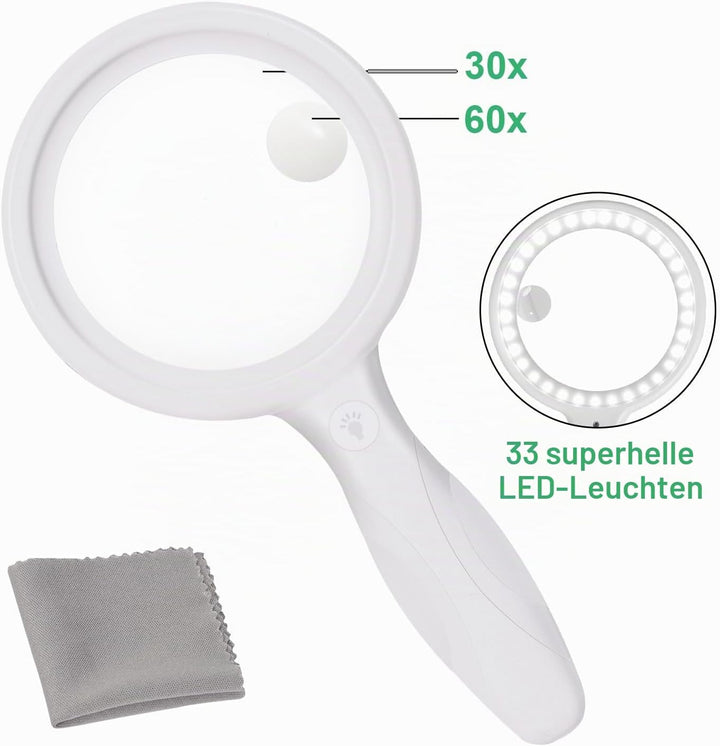 Lupe mit Licht, 60 Fach 33 LED Handlupe 30XLeselupe mit Licht, USB-Aufladung Lupe 3 Modi Leselupe fü
