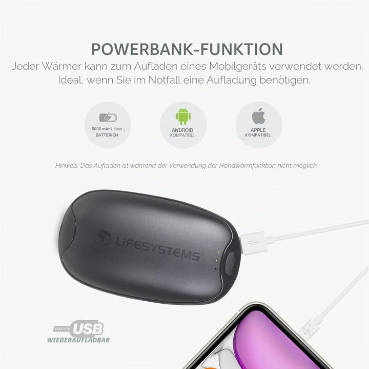 Lifesystems Rechargeable Twin-Pack Dual-Palm Hand Warmers with Power Bank Functionality, USB & USB C