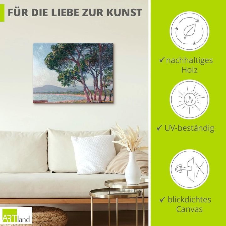 ARTland Leinwandbilder Wandbild Bild auf Leinwand 80x60 cm Wanddeko Landschaften Bäume See Der Stran