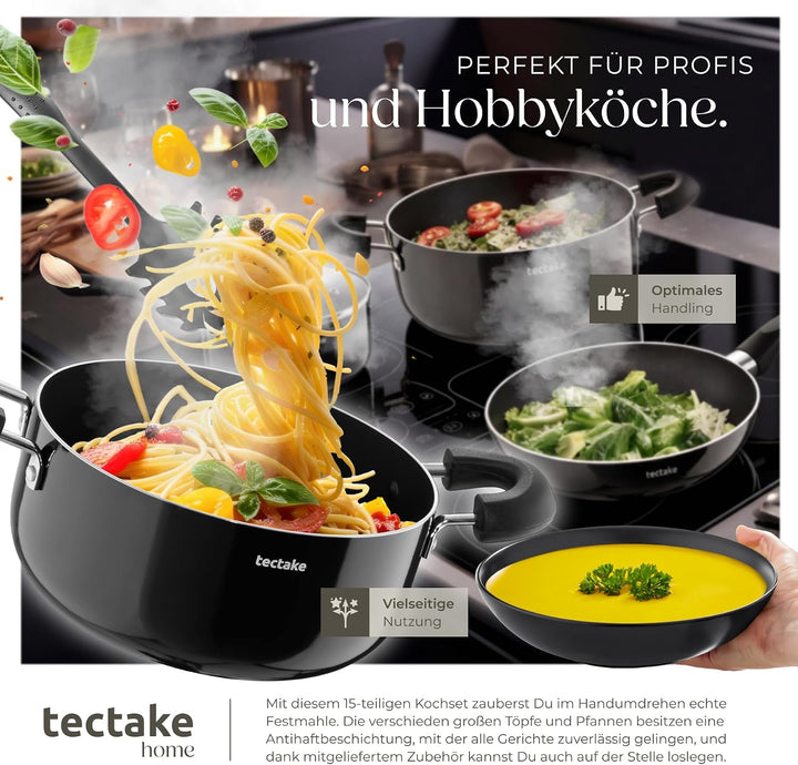 tectake® Küchenstarterset 6 Personen, Steingut Geschirr Set, Teller, 4 Töpfe 2 Pfannen rostfreies Al