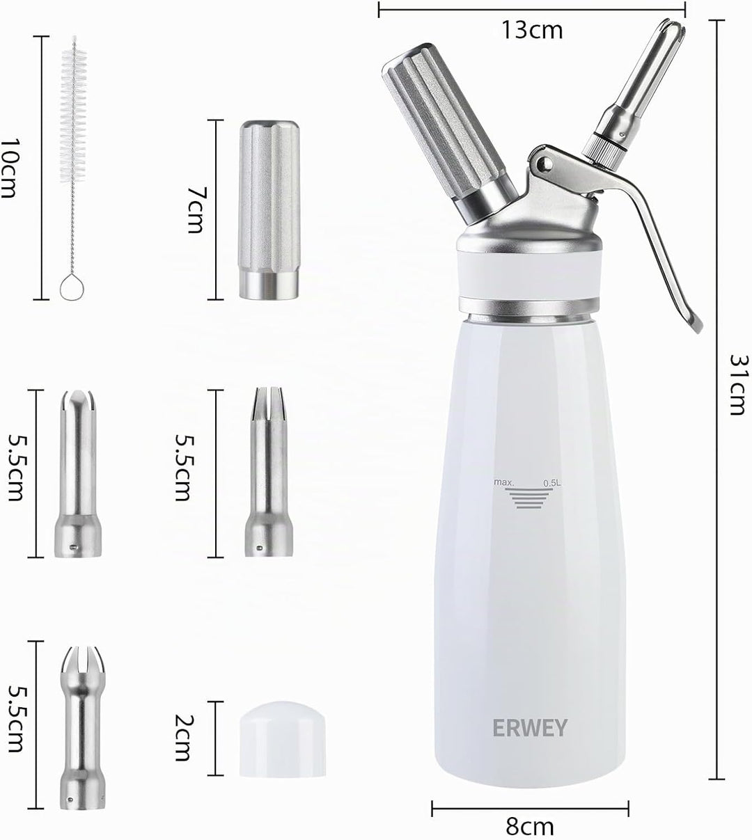 ERWEY Sahnespender 500ML, Sahnesyphon Edelstahl, Sahnesprüher Auslaufsicherer Einfach Reinigen mit 3