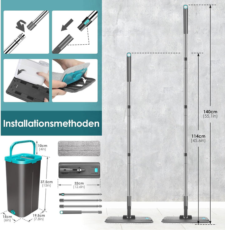Myiosus Flacher Wischmopp Set mit Eimer, 2 in 1 Putzeimer mit Wischmop mit 144 cm Edelstahlgriff, 6