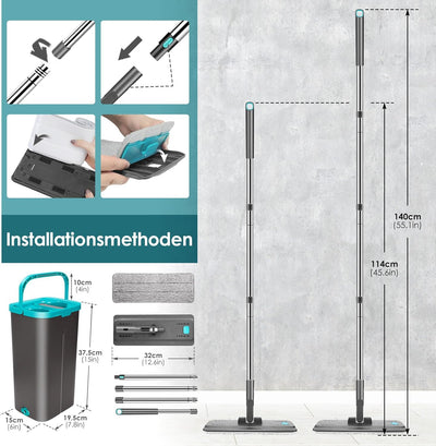 Myiosus Flacher Wischmopp Set mit Eimer, 2 in 1 Putzeimer mit Wischmop mit 144 cm Edelstahlgriff, 6