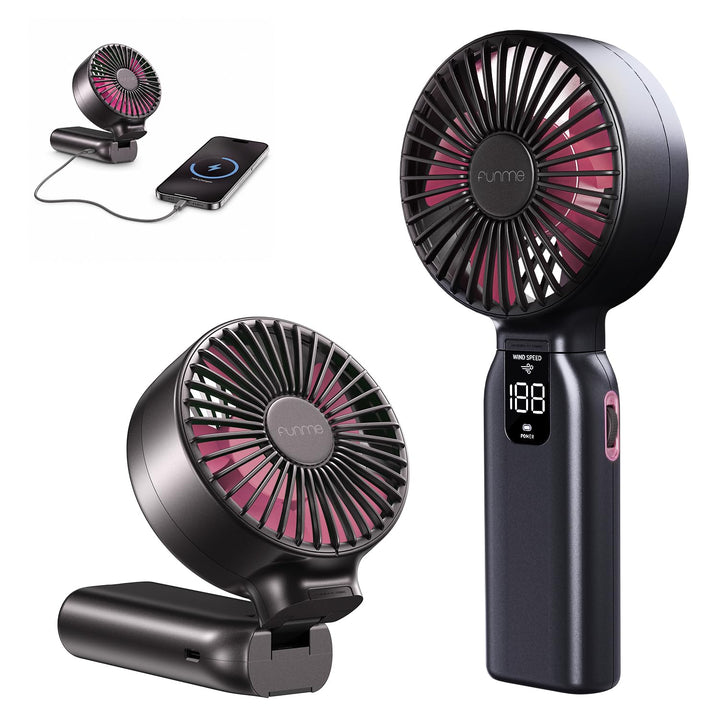 Funme Handventilator, 10000mAh 46H Ventilator Hand mit Powerbank, 100 Windstufen & Sturmmodus, 4" Fl