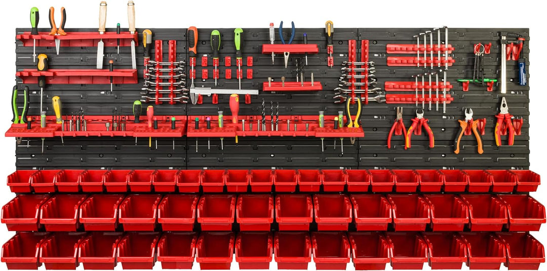 Lagersystem Werkstattregal | 172 x 78 cm | 50 stck. Box | Wandregal mit Werkzeughalterungen und Stap