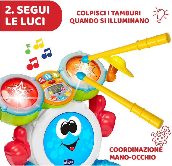 Chicco Rock Band Drums, Kindertrommeln, aufrüstbare elektronische Musikinstrumente mit 4 Arten von M