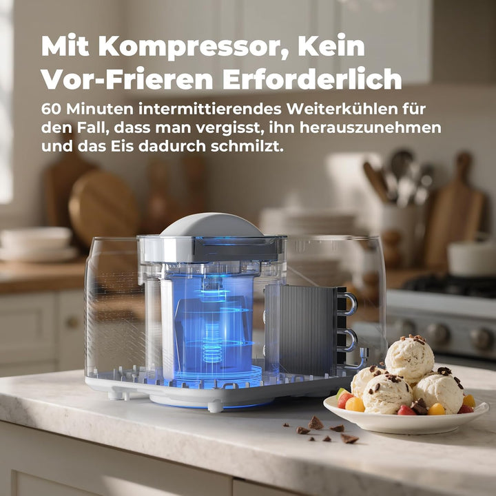 Eismaschine mit Kompressor 1L, Eismaschine Selbstkühlend mit Entnehmbarem Eisbehälter, inkl. Spatel/