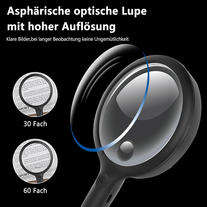 Lupe mit Licht,Leselupe mit Licht für Senioren Gross,3 Lichtmodi USB Wiederaufladbar,Beleuchtete Lup