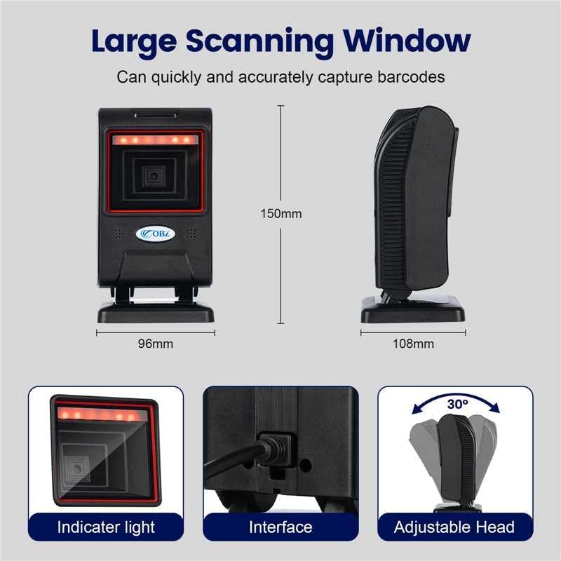 OBZ 1D 2D Desktop Barcode Scanner, QR Code Scanner für PC Handsfree Barcode-Scanner USB mit Einstell