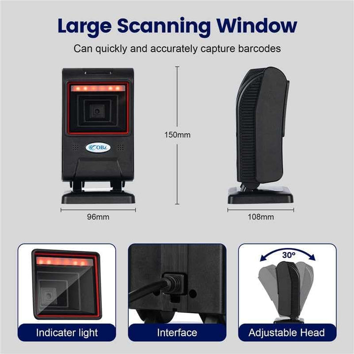 OBZ 1D 2D Desktop Barcode Scanner, QR Code Scanner für PC Handsfree Barcode-Scanner USB mit Einstell