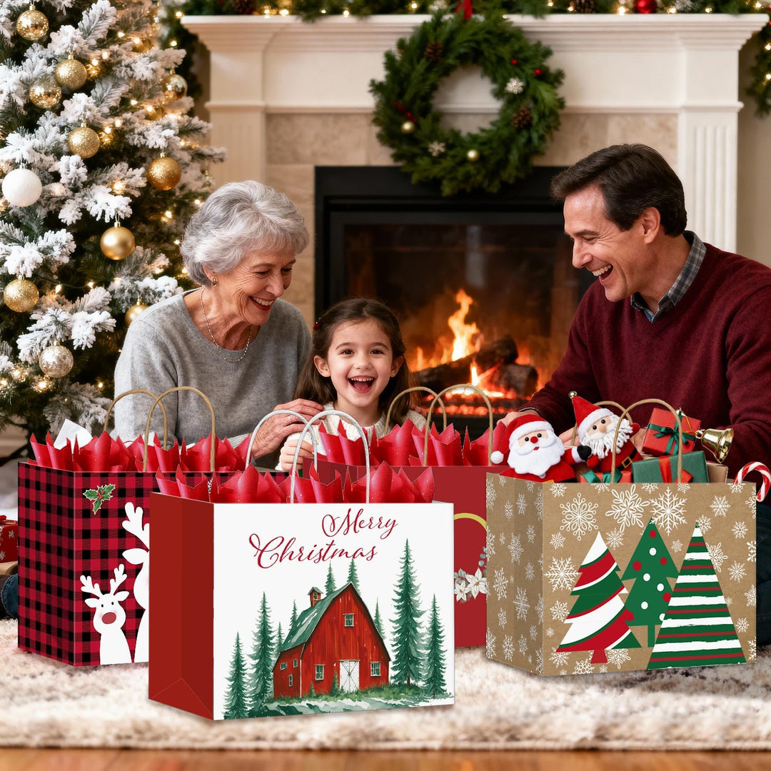 DECHISY 12 Stück Geschenktüten Weihnachten Gross, Papiertüten mit Griffen, Weihnachtstüten mit 4 Des