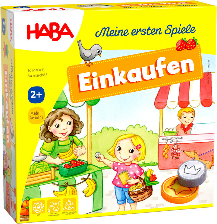 HABA Meine ersten Spiele – Einkaufen – Spiel ab 2 Jahren mit 3D-Marktstand, Holz-Spielgeld & Einkauf